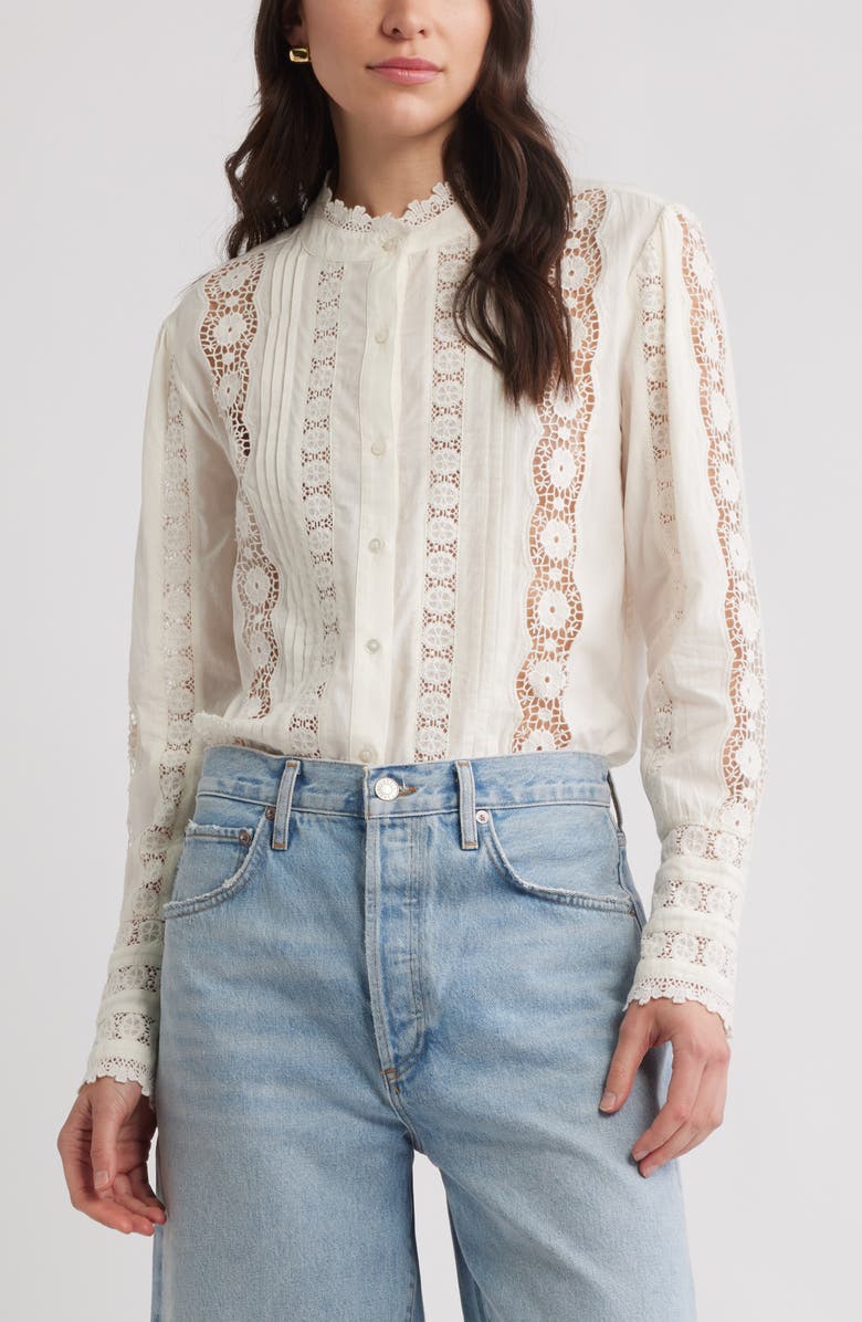 Caslon<sup>®</sup> Pretty Lace Panel Button-Up Shirt, Main, color, Ivory Pristine