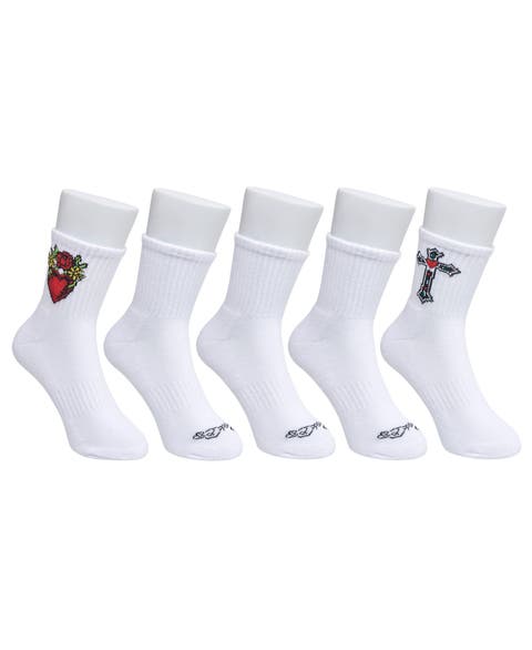 Heart Print Half Cushion Mid Crew Sock 5-pack