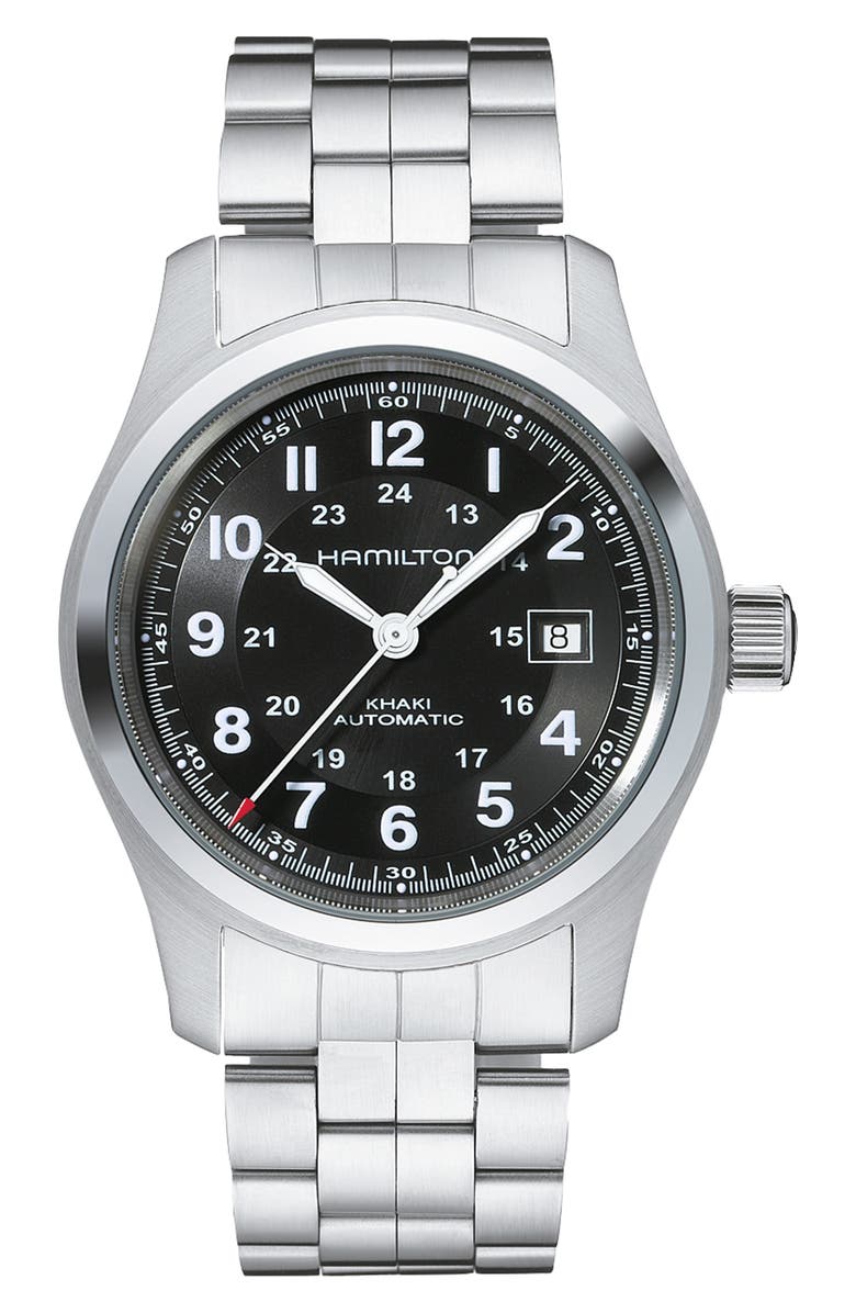Hamilton Khaki Field Automatic Bracelet Watch, 42mm, Main, color, Silver/ Black/ Silver