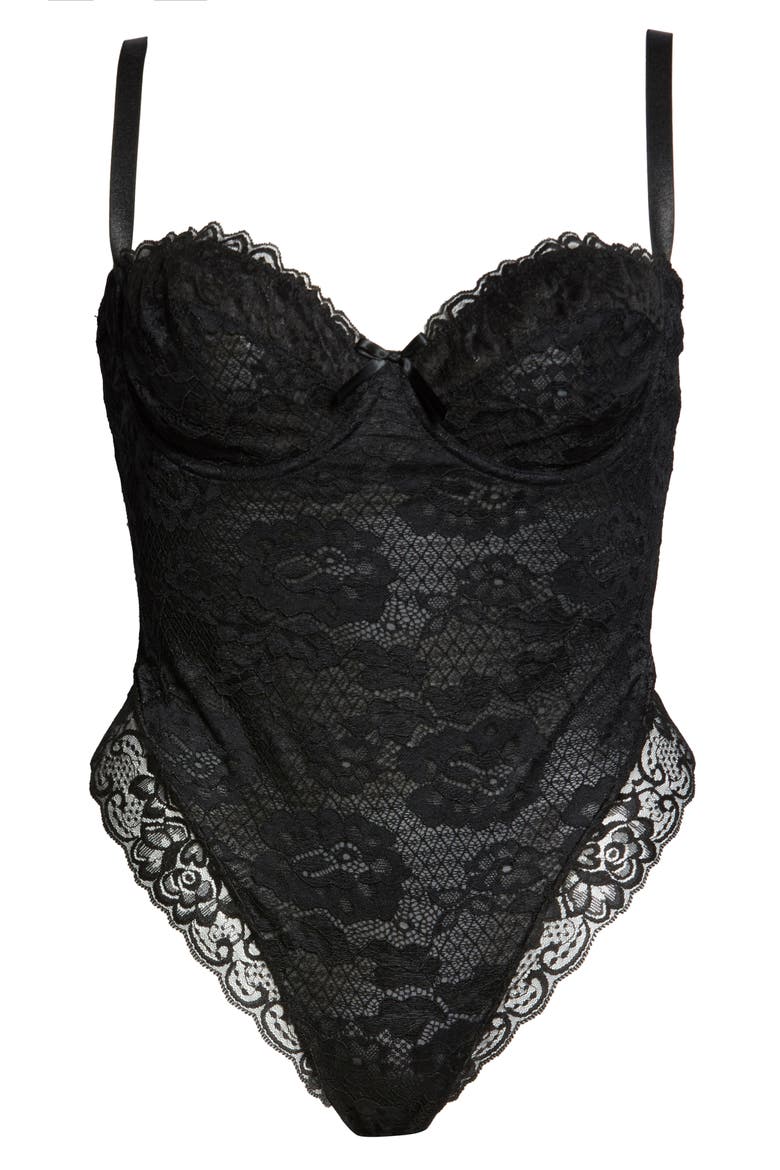 High Leg Underwire Lace Teddy, Alternate, color, BLACK