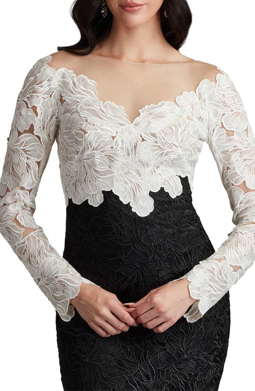 Tadashi Shoji Two-tone Floral Lace Illusion Dress In Ivory/black