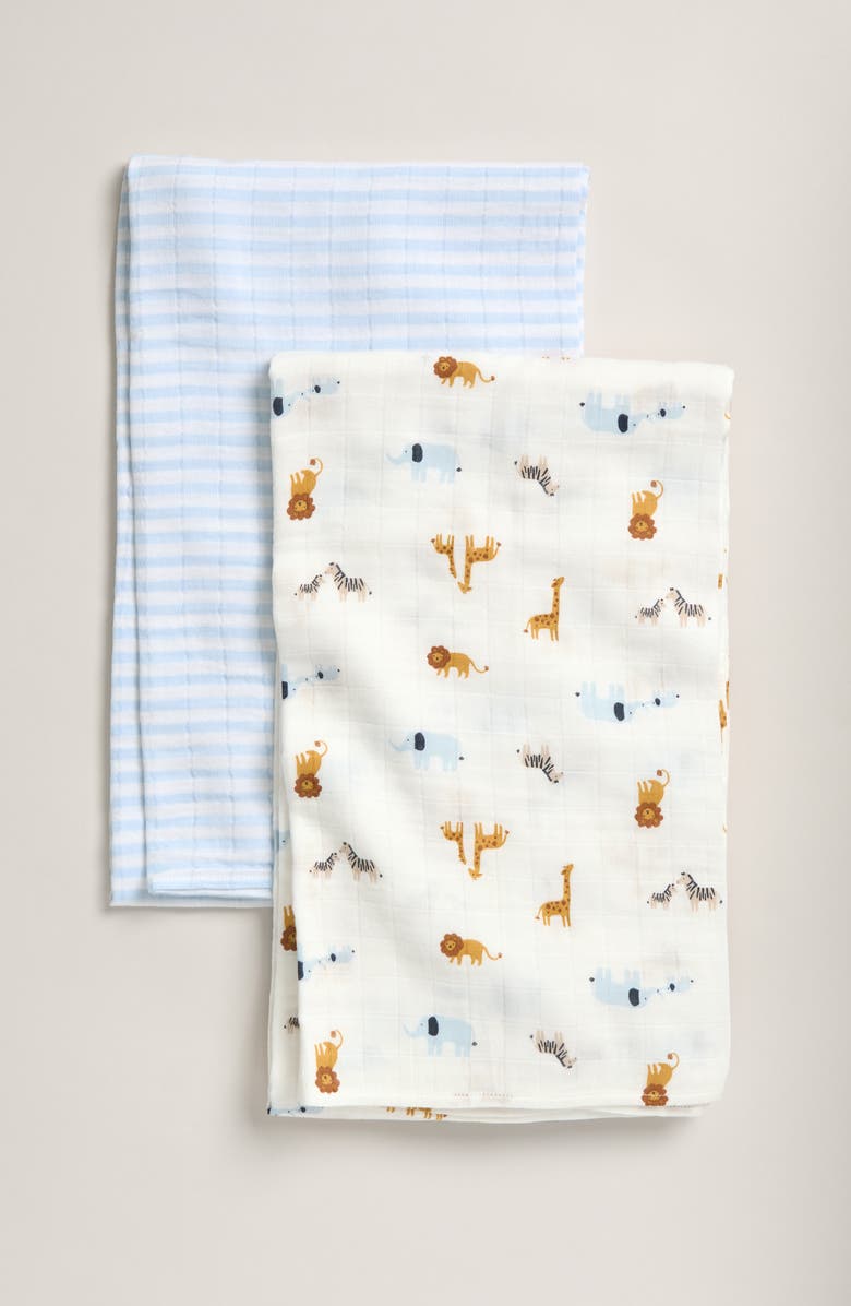 Nordstrom 2-Pack Assorted Muslin Swaddles, Main, color, White Zoo Animals Pack