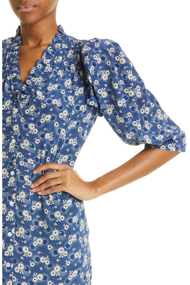 Josefine Floral Print Ruffle Hem Silk Dress, Alternate, color, BLUEBERRY