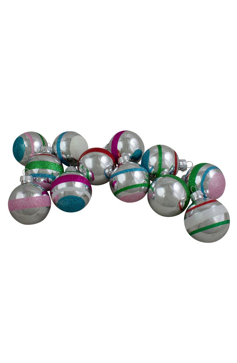 Northlight Glitter Striped Glass Christmas Ball Ornaments - 2.25" (55mm) - Silver and Pink- 12ct, Main, color,