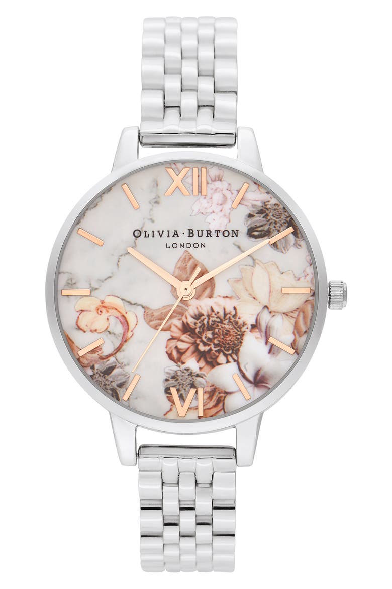 Marble Florals Bracelet Watch, 34mm, Main, color, SILVER/ WHITE FLORAL/ SILVER