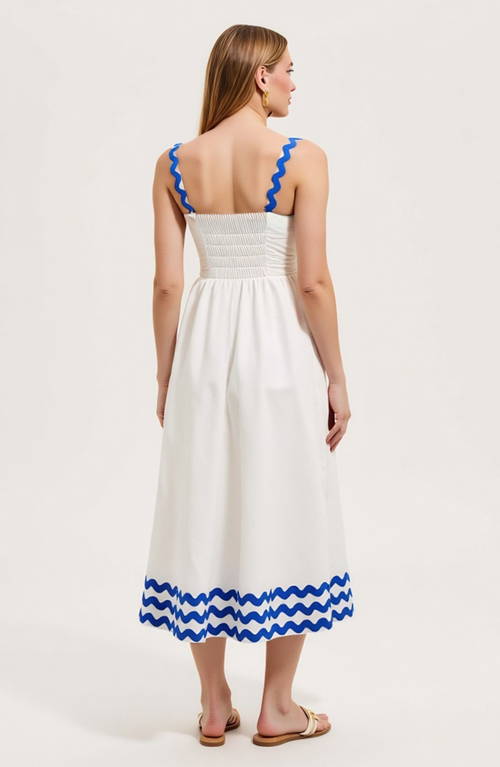 Modenaire Scalloped Strap Maxi Dress With Wave Trim And A-line Silhouette In White