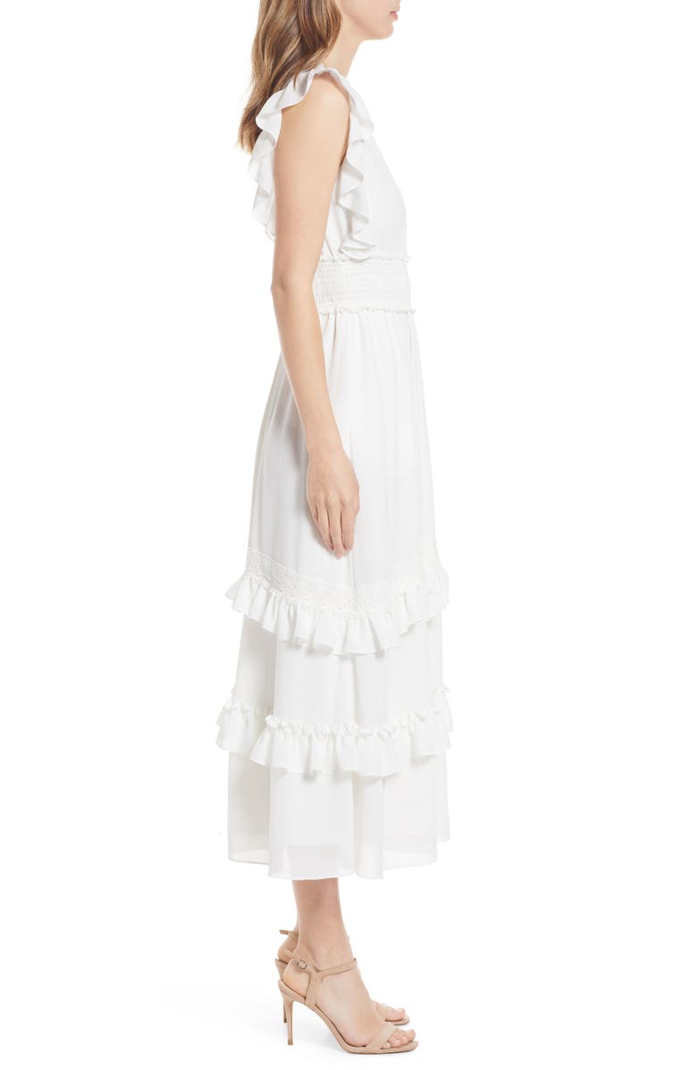 Tahari ASL Ruffle & Lace Tiered Midi Dress, Alternate, color,