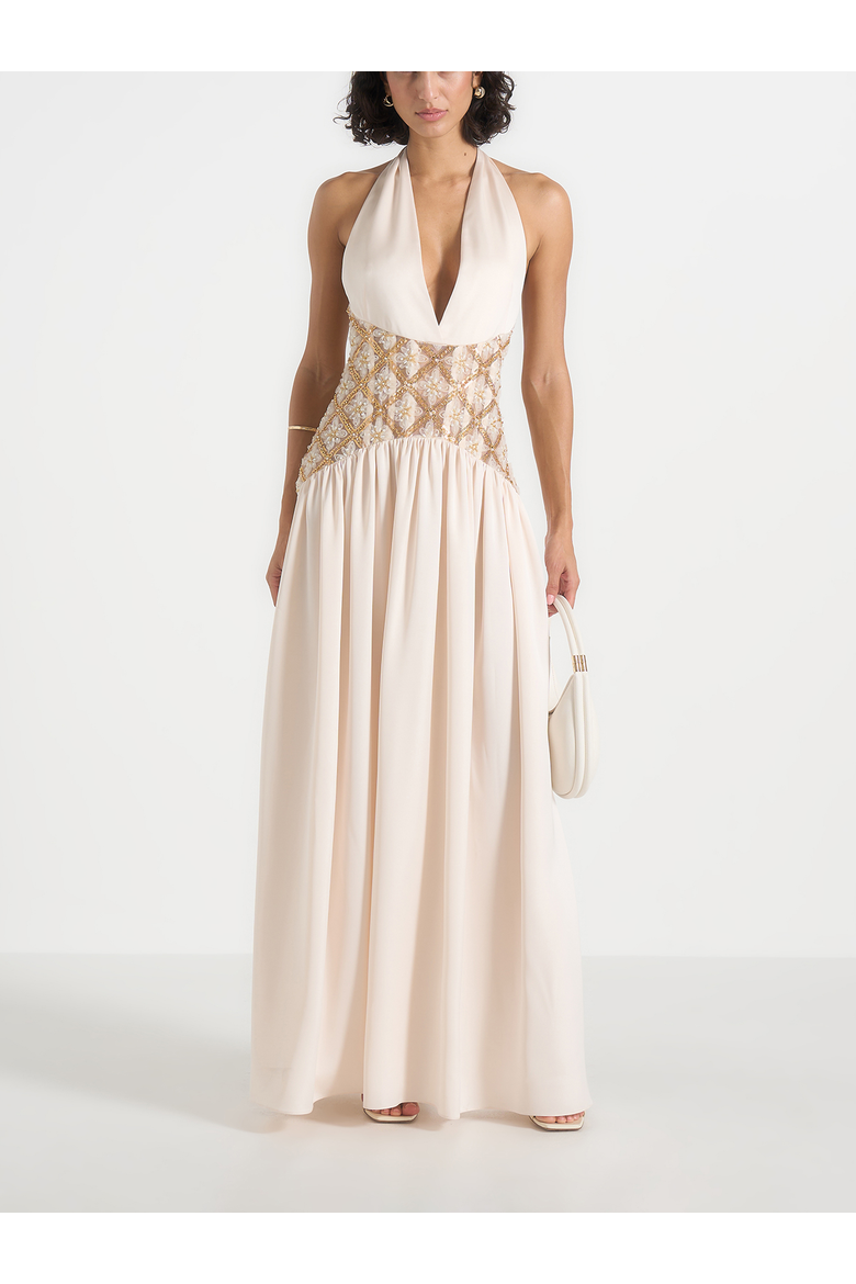 Ava Halterneck Embellished Corset Gathered Maxi Dress, Main, color, Cream