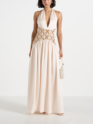 Manière De Voir Ava Halterneck Embellished Corset Gathered Maxi Dress