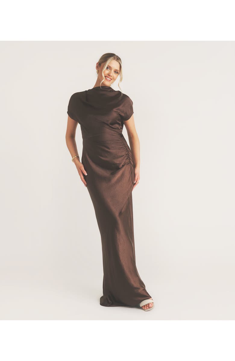 Six Stories Batwing High Neck Satin Bridesmaid Dress, Main, color, Chocolate