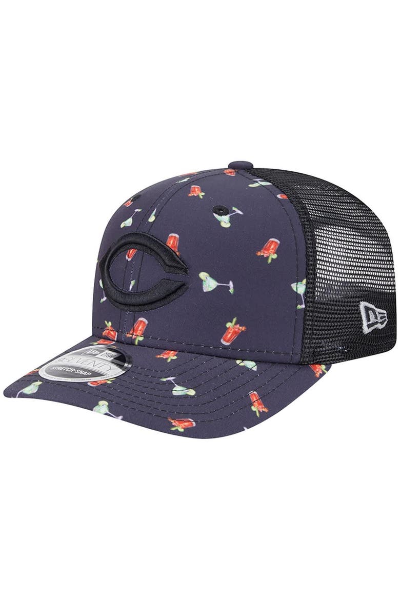 Men's New Era Black Cincinnati Reds Adventure Drinks Pattern 9SEVENTY Stretch-Snap Hat, Main, color, Navy