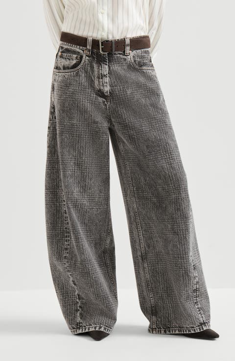 Prince of Wales denim wide trousers with monili