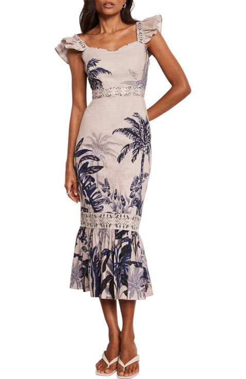 Palm Print Column Midi Dress