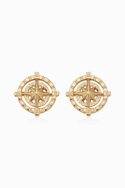 14K Yellow Gold Compass Rose Studs