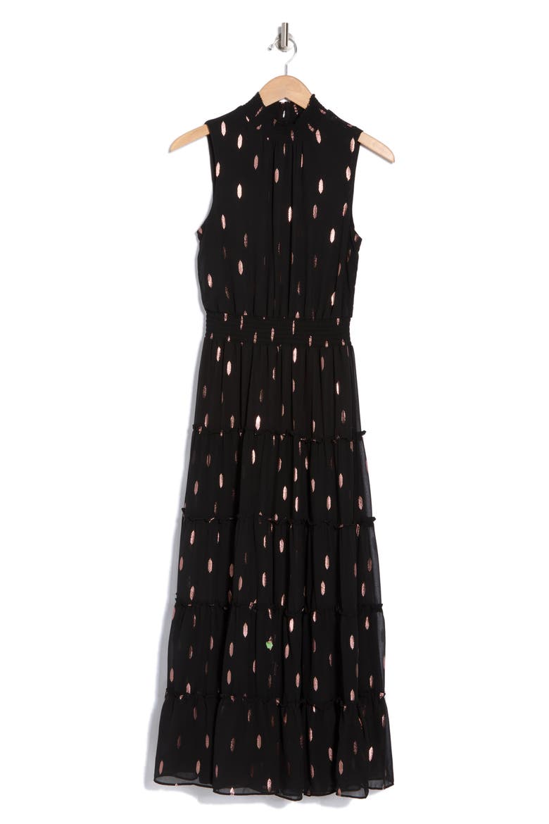 Print Smocked Mock Neck Tiered Maxi Dress, Alternate, color, RICH BLACK 060