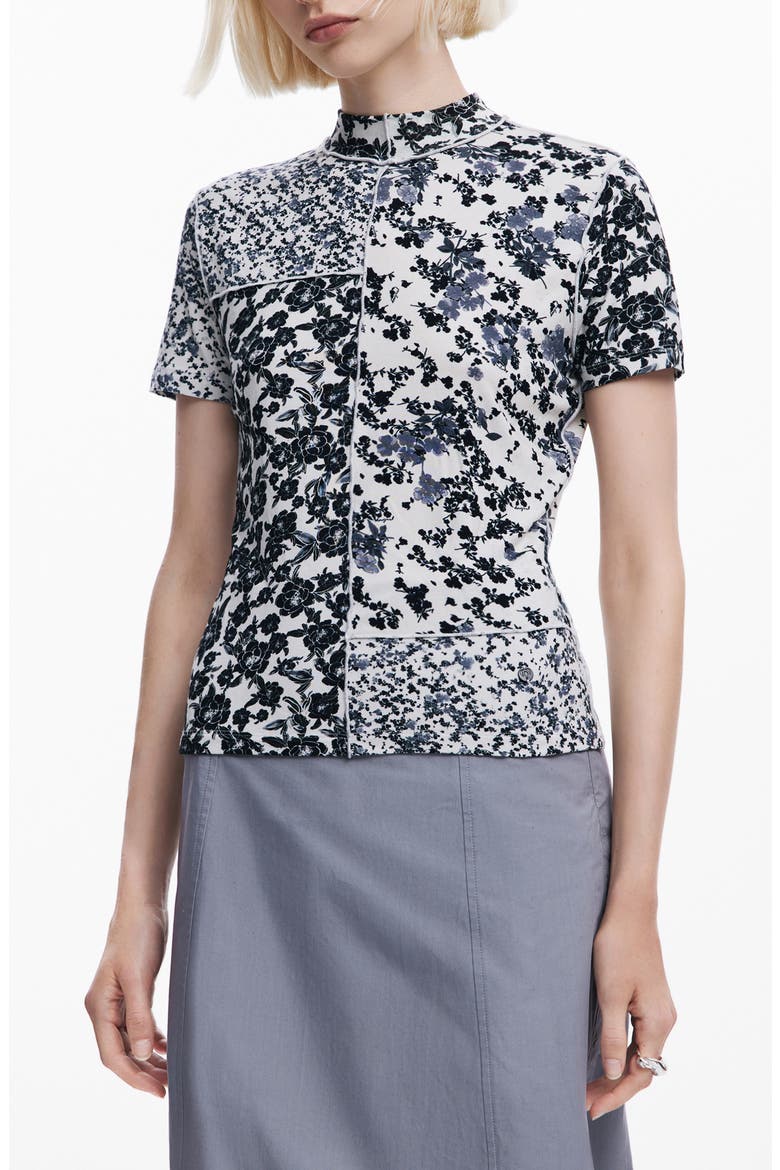 Patchy Floral Mock Neck T-Shirt, Main, color, WHITE