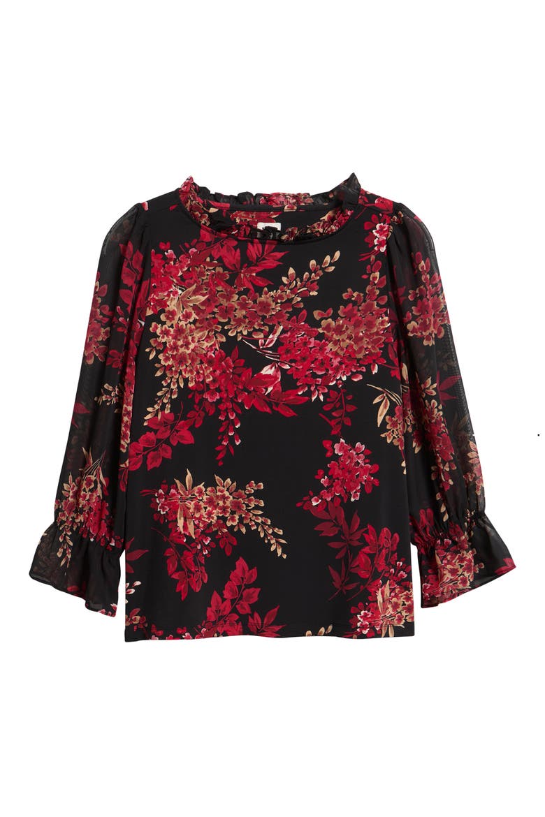 Floral Ruffle Neck Puff Sleeve Top, Alternate, color, ANNE BLACK MULTI