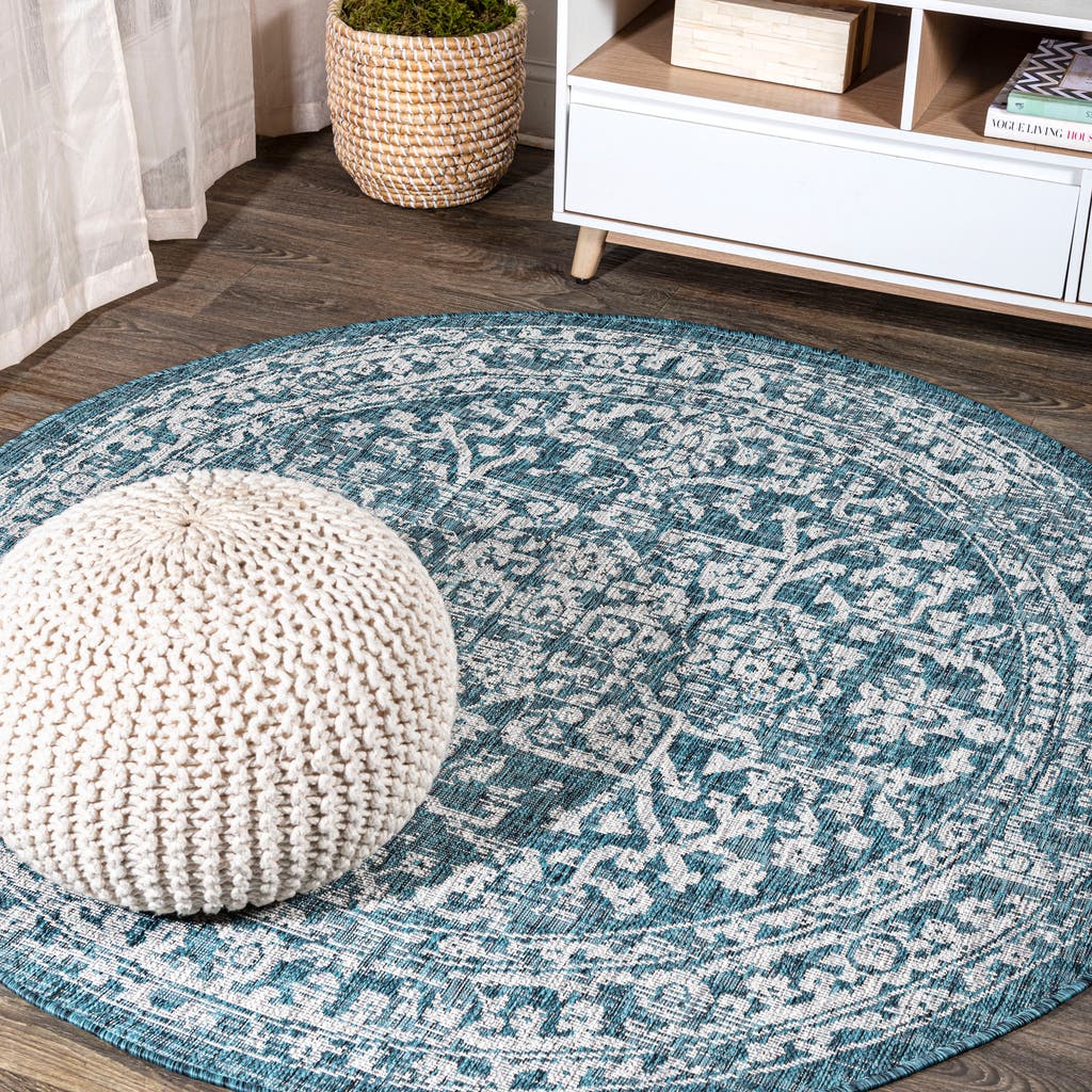 Jonathan Y Malta Bohemian Medallion Textured Weave Indoor/outdoor Round Area Rug In Teal/gray