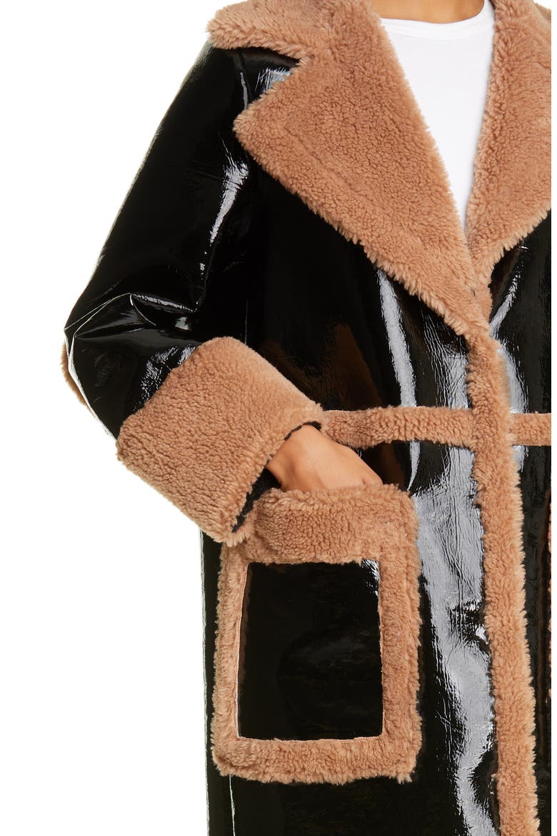 Aubrey Long Faux Patent Shearling Coat, Alternate, color, BLACK/ BEIGE