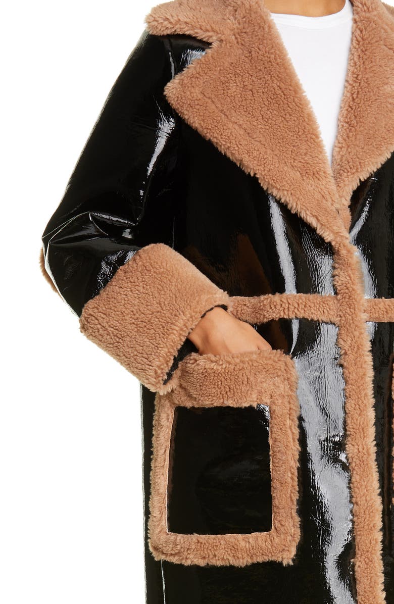 Stand Studio Aubrey Long Faux Patent Shearling Coat, Alternate, color, 