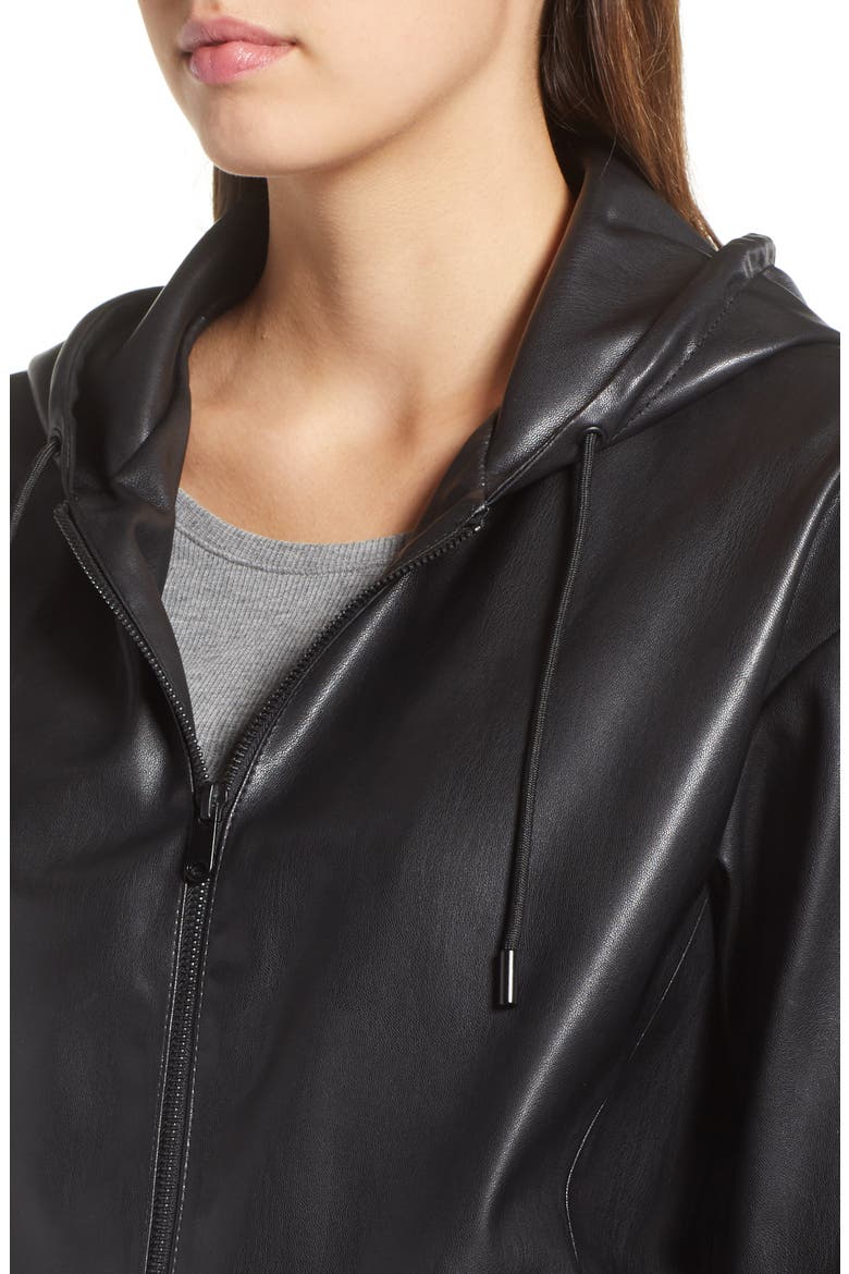 Faux Leather Zip Hoodie, Alternate, color, BLACK