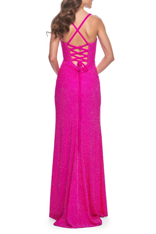 La Femme Rhinestone Embellished Jersey Gown With Square Neckline In Hot Fuchsia