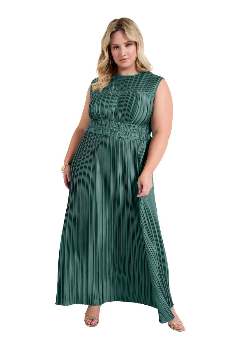 June + Vie Boatneck Plisse Cap-Sleeve Maxi Dress, Main, color, Blue Spruce