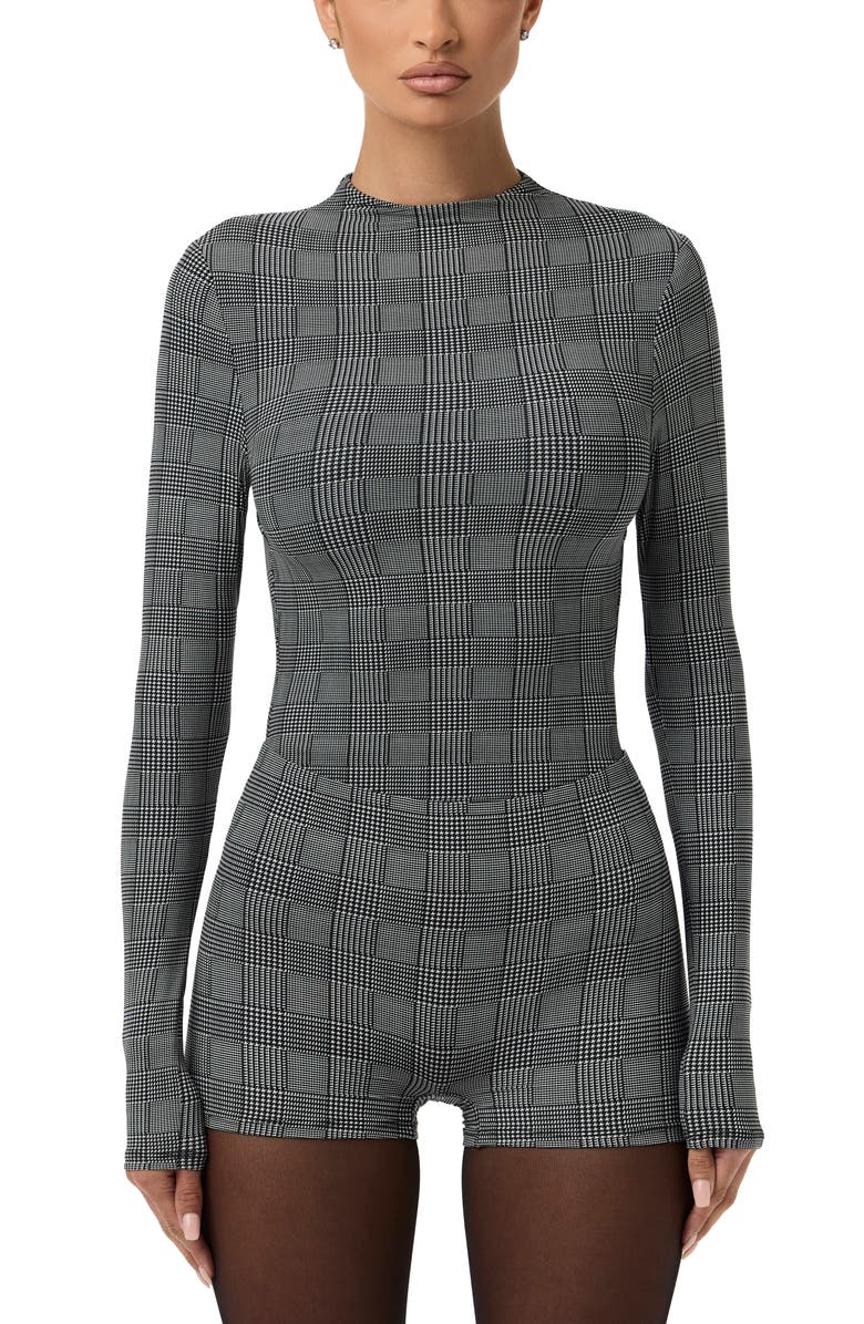 Naked Wardrobe Naked Snakeskin Print Long Sleeve Bodysuit, Alternate, color, Houndstooth Plaid