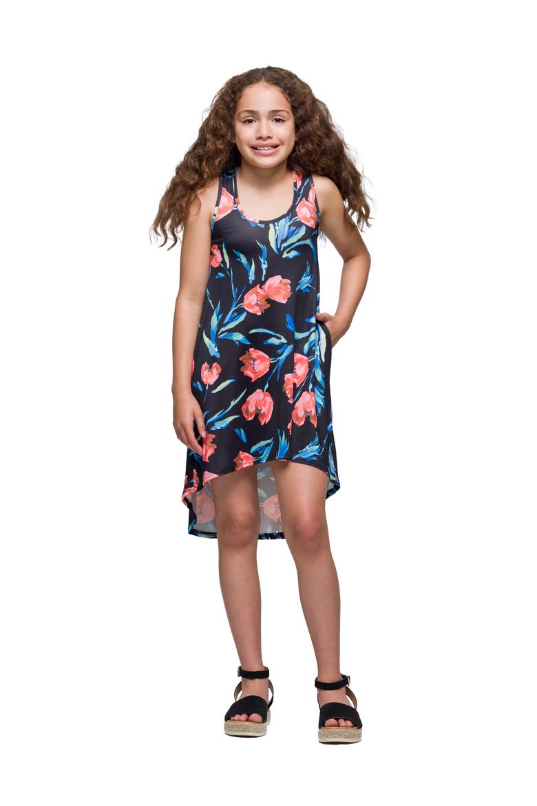 Black Floral High Low Sleeveless Pocket Dress, Main, color, Navy Multi