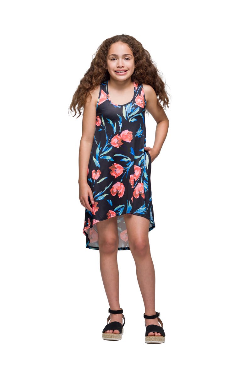 24sevenKid Black Floral High Low Sleeveless Pocket Dress, Main, color, Navy Multi