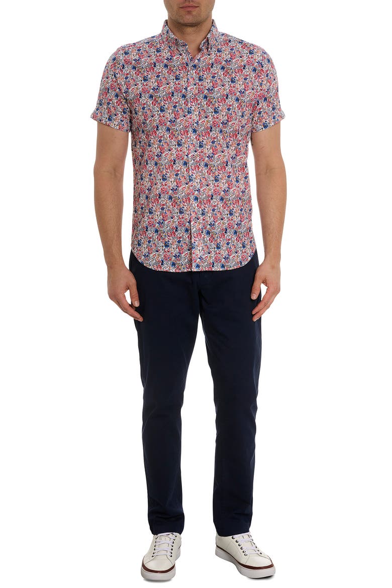Padar Floral Short Sleeve Button-Up Shirt, Alternate, color, RED MULTI