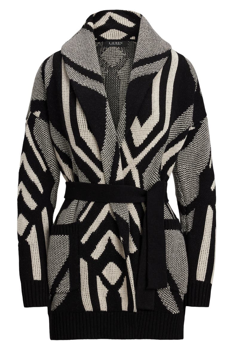 Geo Motif Wrap Cardigan, Alternate, color, BLACK/ MASCARPONE CREAM