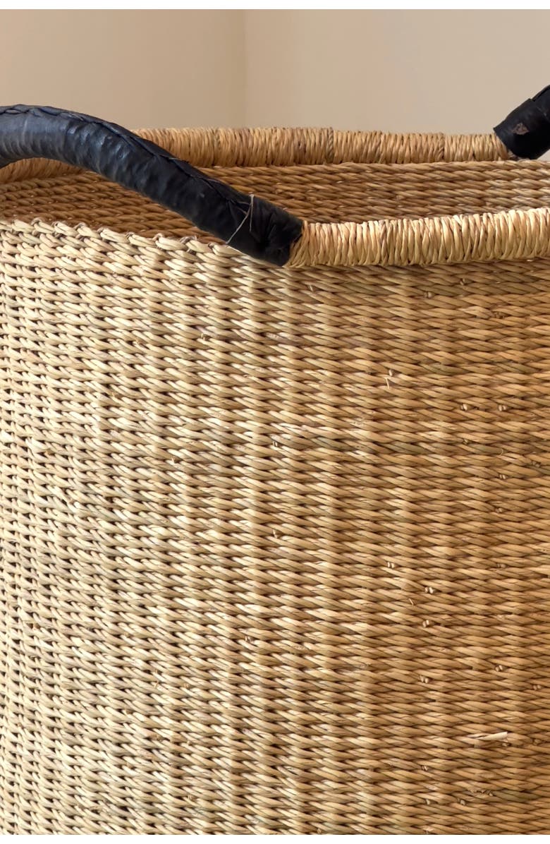 Mbare Handwoven Double Weave Pot Basket with Black Leather Handles, Alternate, color, Natural