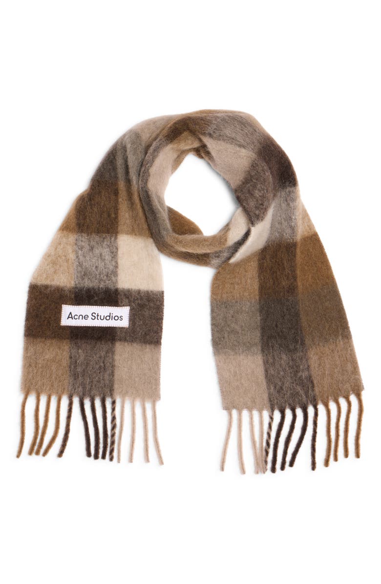 Acne Studios Vally Plaid Alpaca, Wool & Mohair Blend Scarf, Alternate, color, Dark Brown/ White/ Brown
