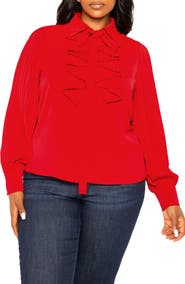 BUXOM COUTURE Tie Neck Pleated Sleeve Top