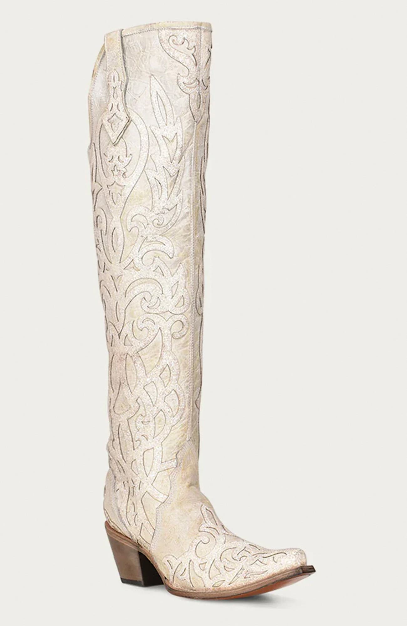 Cowhide Embroidered Overlay Glitter Snip Toe Tall Boots, Main, color, Beige