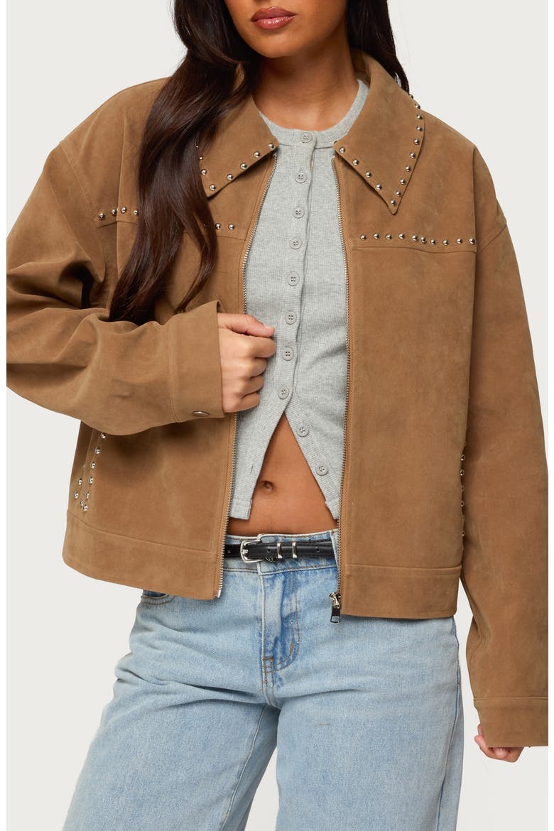 Memphis Studded Faux Suede Jacket, Main, color, TAN