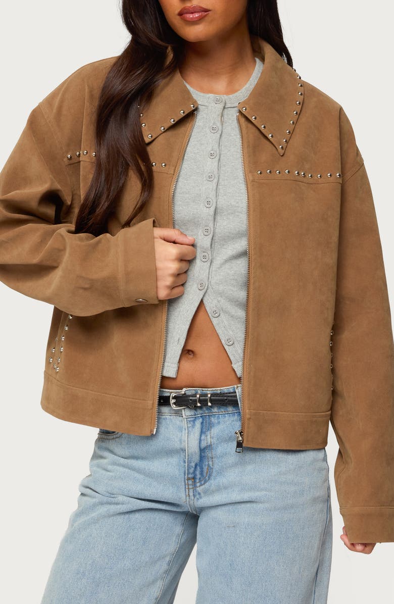 EDIKTED Memphis Studded Faux Suede Jacket, Main, color, Tan