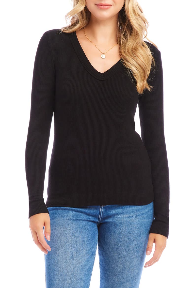 V-Neck Brushed Rib Top, Main, color, BLACK