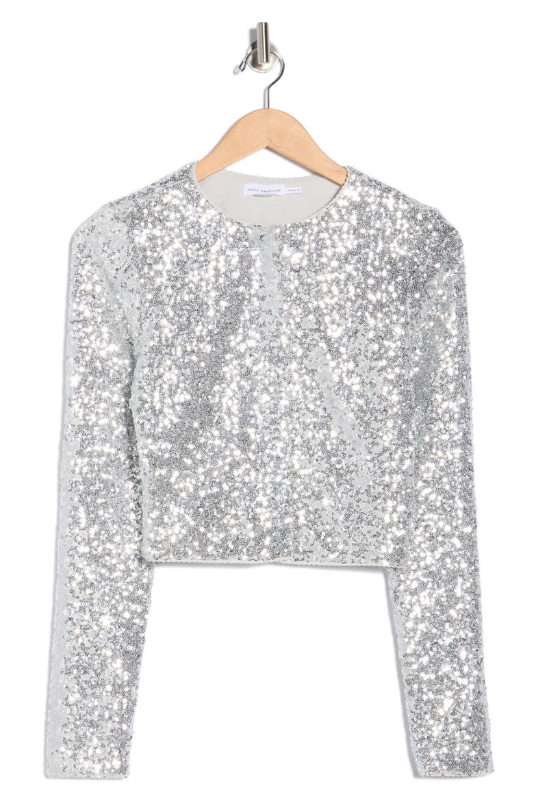 Cluster Sequin Crop Cardigan, Alternate, color, METALLIC SILVER001
