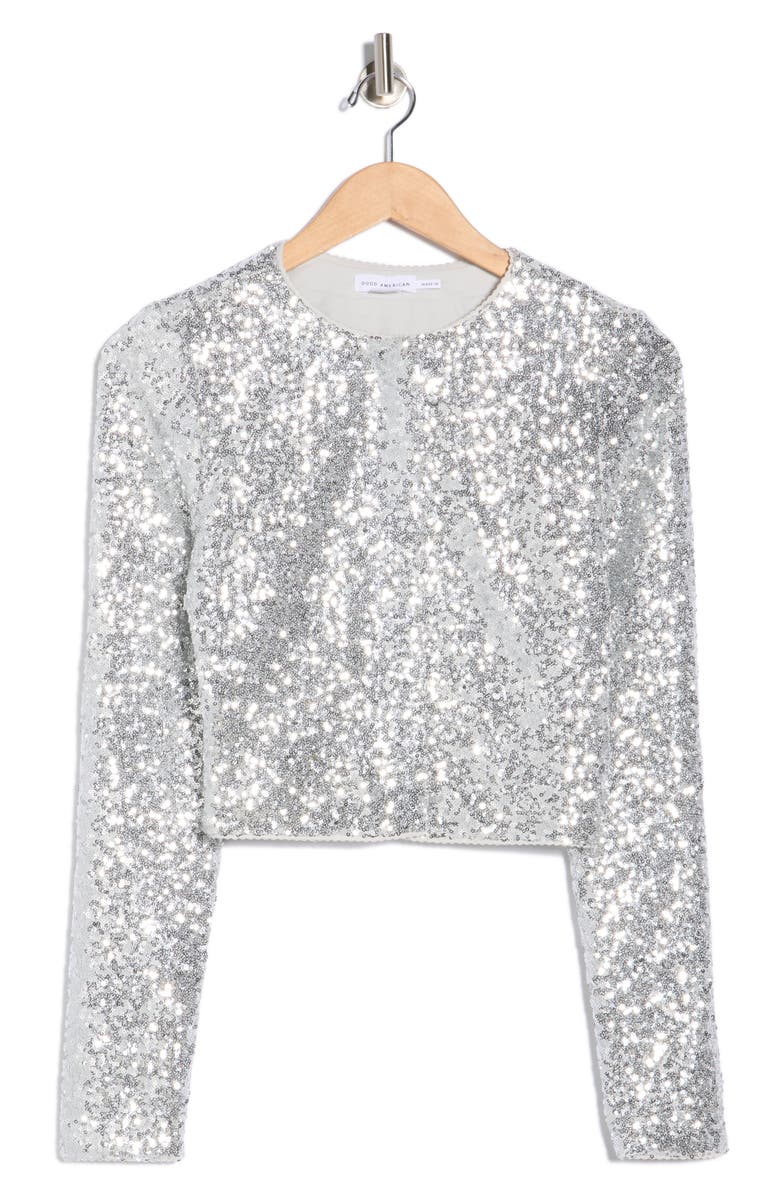Good American Cluster Sequin Crop Cardigan, Alternate, color, Metallic Silver001