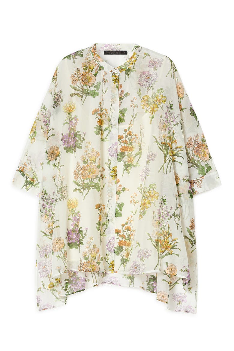 Paniere Oversize Floral Cotton & Silk Button-Up Tunic, Alternate, color, WHITE