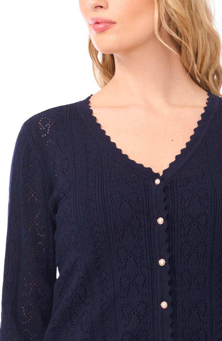 CeCe Pointelle Stitch Bow Cotton Cardigan, Alternate, color, Classic Navy