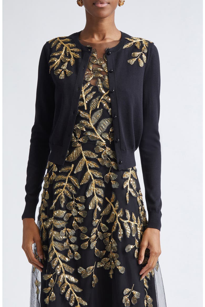 Leaf Embroidered Silk & Cotton Cardigan, Main, color, BLACK/ GOLD