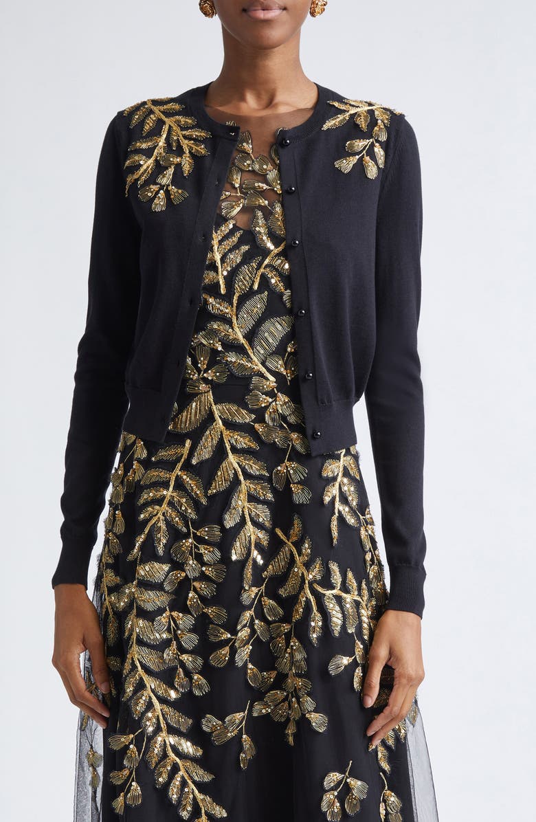 Carolina Herrera Leaf Embroidered Silk & Cotton Cardigan, Main, color, Black/ Gold