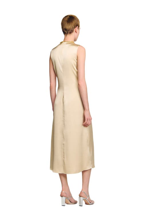 Sandro Womens Sand Rhinestone-embellished Ruched Satin Midi Dress