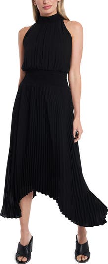 Pleated Halter Neck Handkerchief Hem Dress