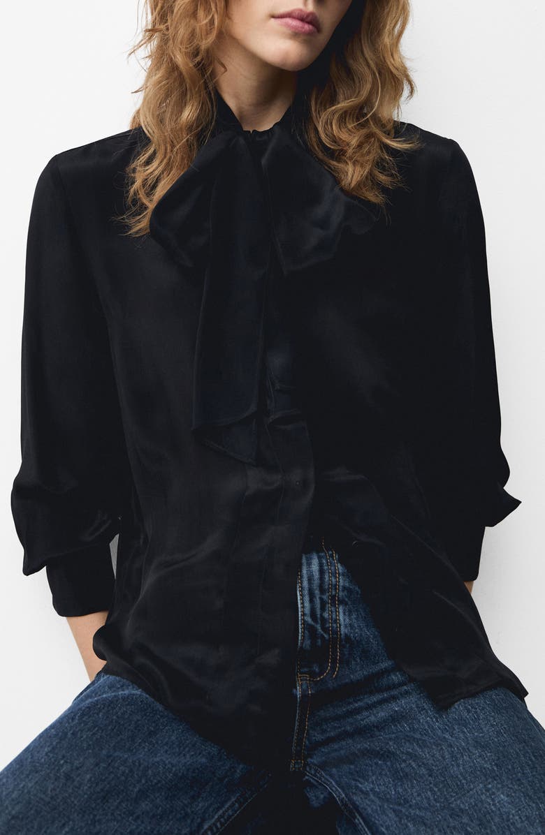 MANGO Tie Neck Satin Shirt, Main, color, 