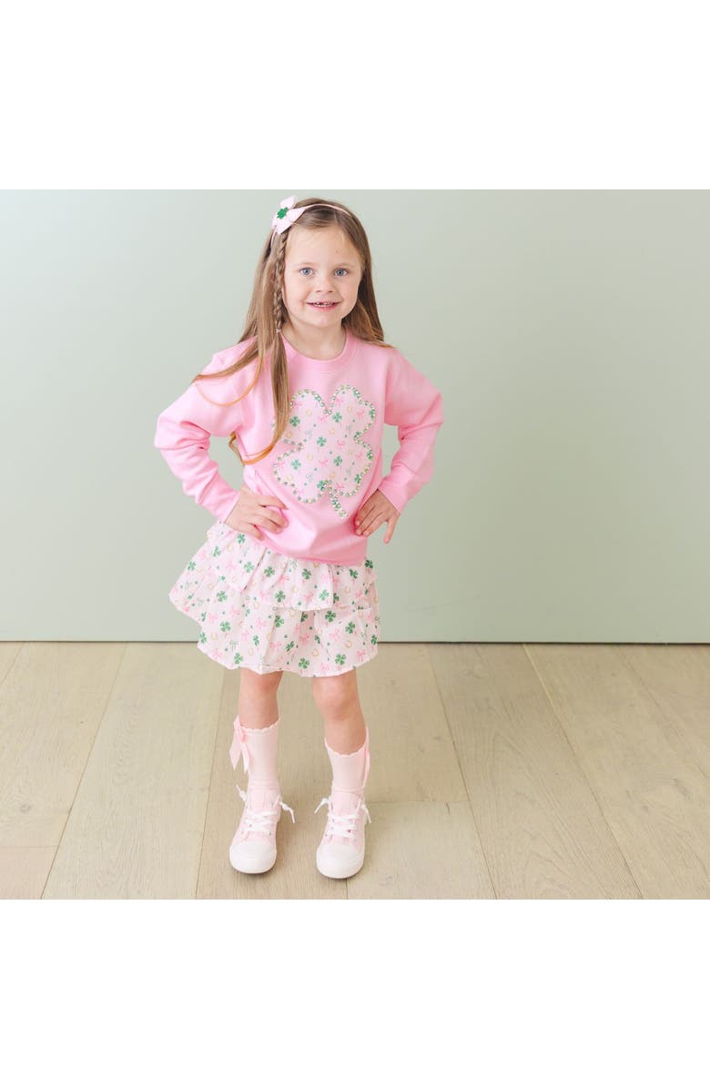 Sweet Wink Ditsy Shamrock Patch St. Patrick's Day Sweatshirt, Alternate, color, Ballet Pink