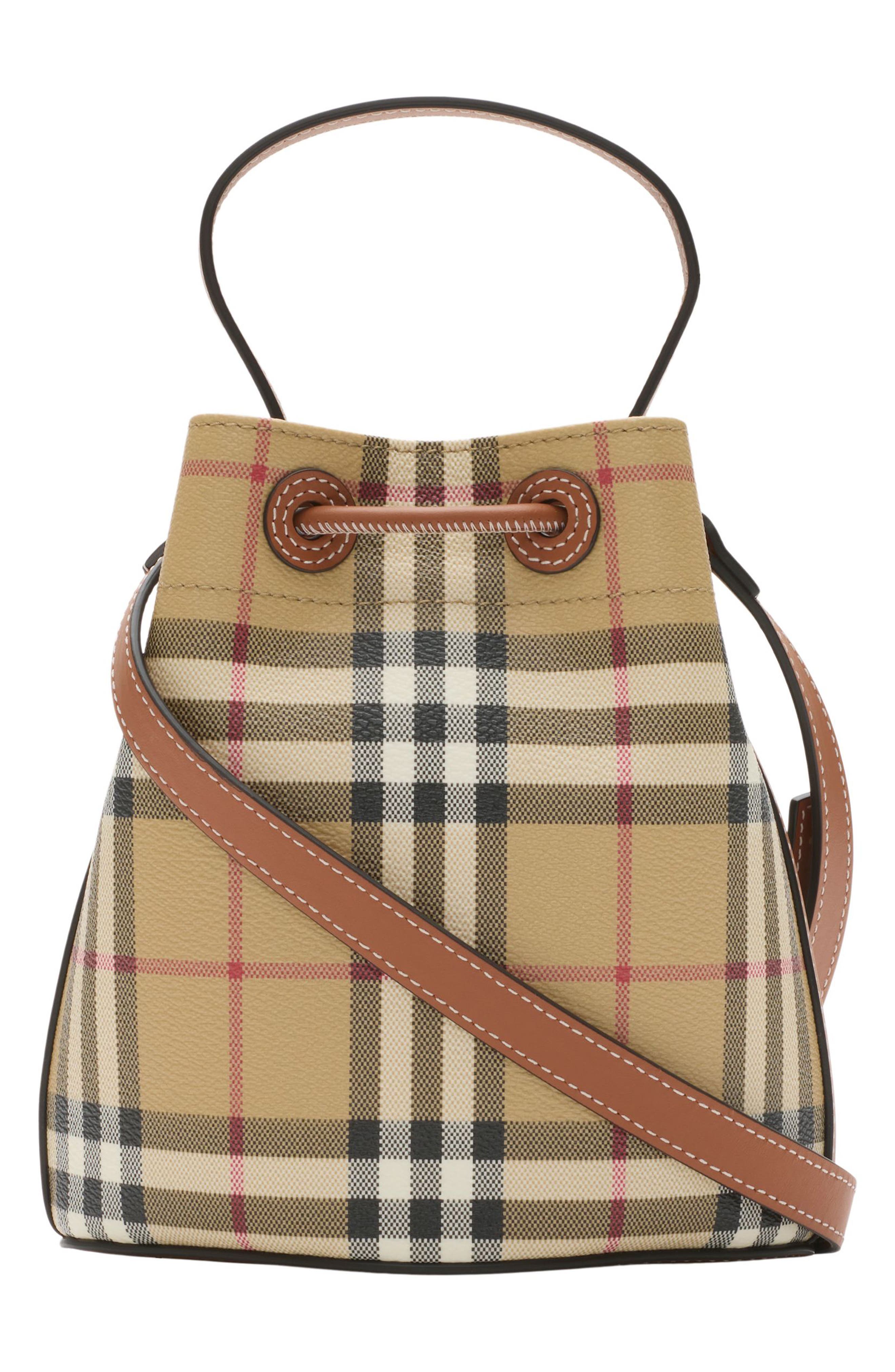 Burberry Mini Check Bucket Bag, Alternate, color, Vintage Check/ Briar Brown